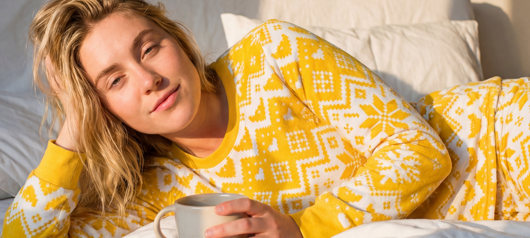 Nainen lepää sängyssä keltaisessa kuviollisessa pyjamassa ja pitelee kahvikuppia aamuauringossa