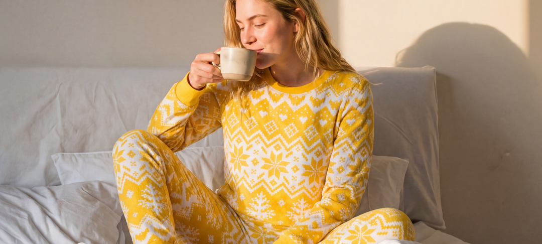 Nainen keltaisessa kuosipyjamassa istuu sängyllä ja juo kupista aamukahvia