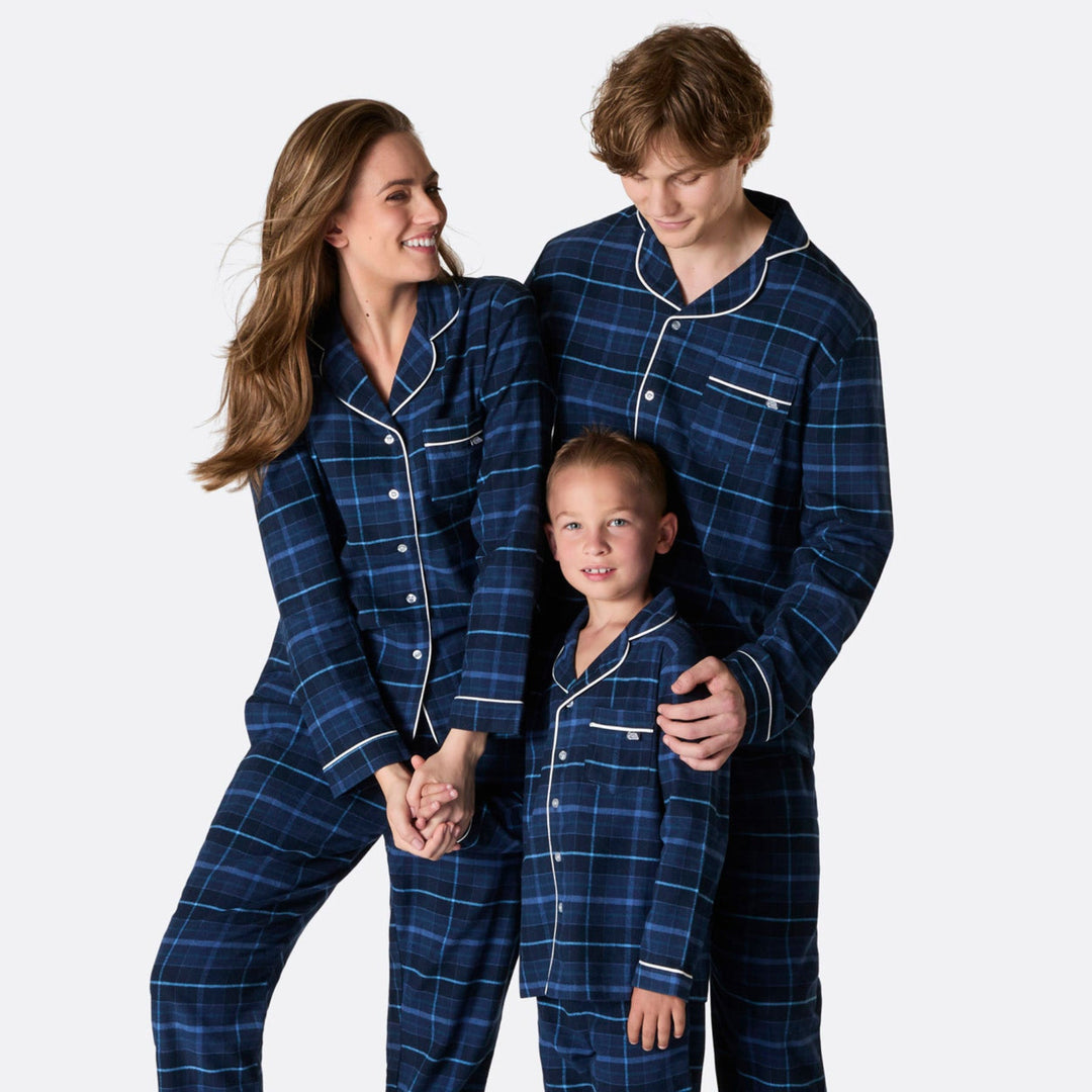 Sininen flanelli Joulupyjamat Perhe